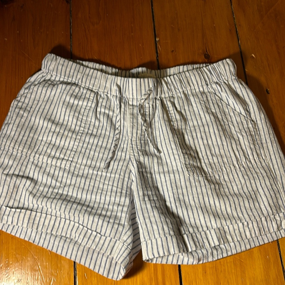 Blue and white striped linen shorts, size L